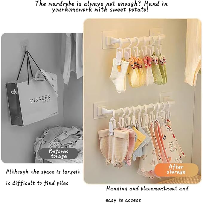 HGYZE Kid Pants Hanger Organizer with 10 Clips: Plastic Baseball Cap Display Holder, White Closet Rail Wall Mounted Door Rack for Drying Baby Socks, Cloth Diapers, Towel, Hats, Toddler Leggings