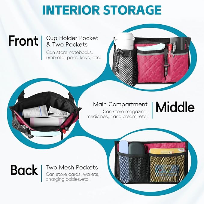 Wheelchair Bag with Cup Holder, Wheelchair Accessories Armrest Side Bag Multi Pockets Pouch for Electric Wheelchairs, Walker, Rollators & Mobility Scooters, Adults, Seniors, Plum