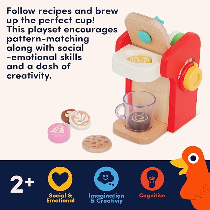 Battat Education – Wooden Barista Playset – Toy Coffee Maker & Accessories with Realistic Sounds(22 Pieces) – Pretend Play Toy – Play Kitchen Toys – 2 Years + – Mini Barista