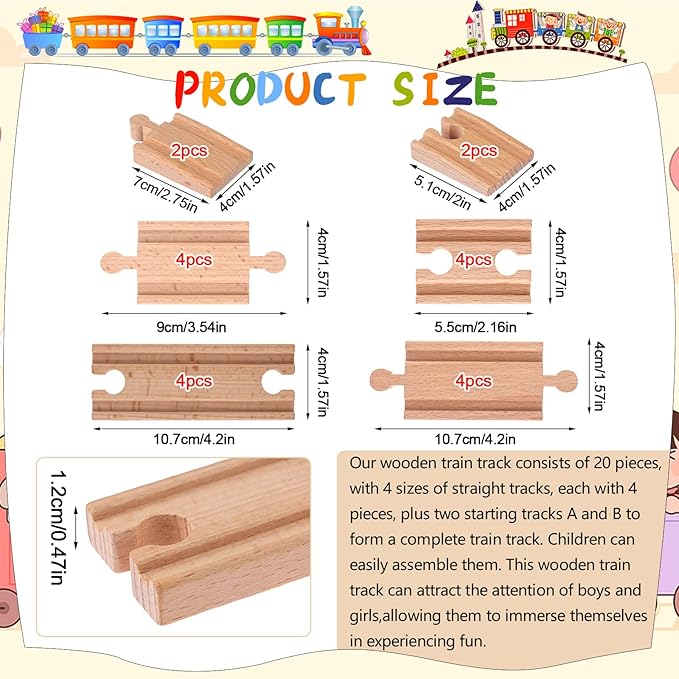 20 Pcs Straight Wooden Tracks Expansion Wood Train Track Pieces Connectors Adapters Male Male Female Female Train Track Wood Starting Wooden Bridge Accessories Compatible with Railroad Set