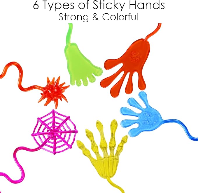 48 Pack Sticky Hands Party Favors, 6 Types Goodie Bag Stuffers, Teacher Treasure Box Prizes, Classroom Rewards, Piñata Fillers, Bulk Party Favors Gift for Boys Girls (Random Color)