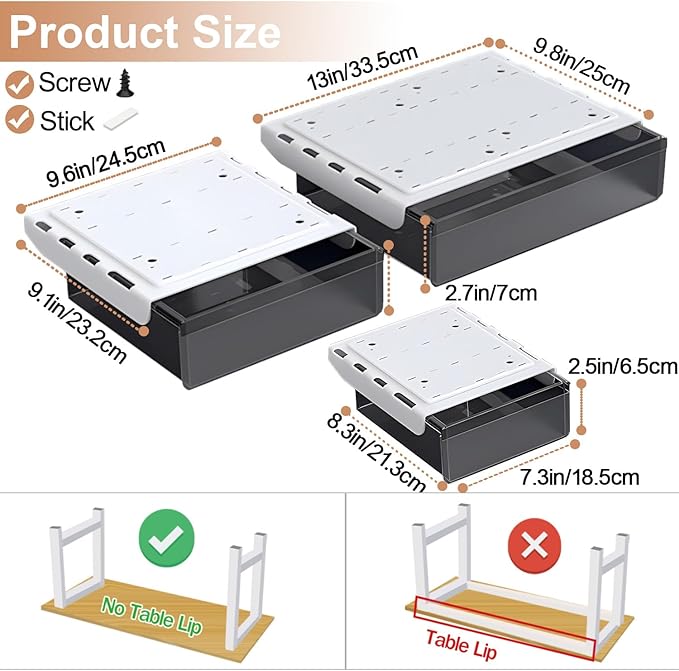 Under Desk Table Drawer Storage Organizer,3 Pack Large & Medium & Small Slide Out Desk Drawers - Hidden Desktop Organizer,Attachable Pencil Storage Tray Under Table(SML)