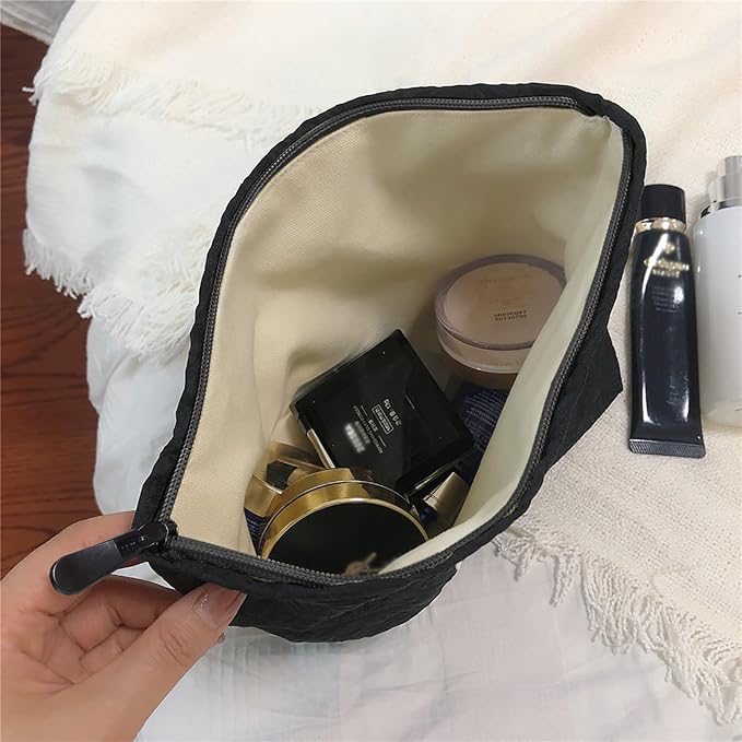 HAPPYHEIDI Large Floral Black Quilted Makeup Bag Cosmetic Toiletry Travel Pouch Purse Organizer, Canvas Lined, Embroiddered Flowers