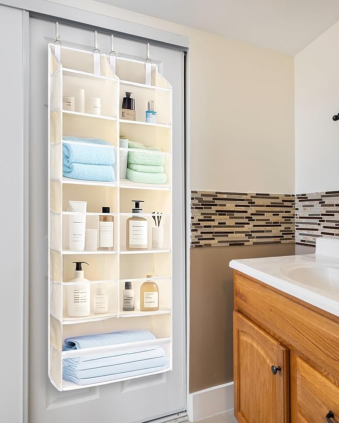 ULG Over the Door Organizer, 5-Tier Extra Large Hanging Storage with 10 Mesh Pockets, 100 lbs Capacity, Heavy Duty Door Organizer for Closet, Bedroom, Nursery Storage, Beige