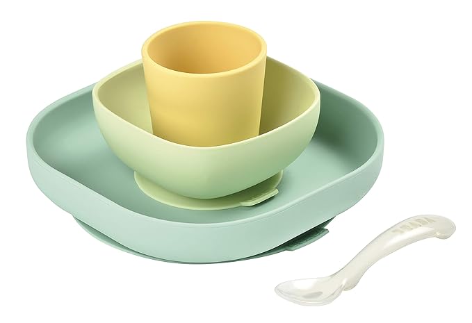 BEABA Silicone 4 Piece Baby Feeding Set, Suction Plates for Baby, Includes Plate, Bowl, Cup, 2nd Stage Silicone Spoon, High Grade Food Safe Silicone, Pastels