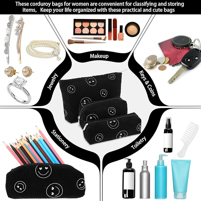 Huhumy 3 Pcs Makeup Bag Set for Women Corduroy Cosmetic Pouch Aesthetic Smile Travel Toiletry Bag Cute Purse Pouch Pencil Case Makeup Brushes Storage Organizer for Valentine(Black,Smile Face)