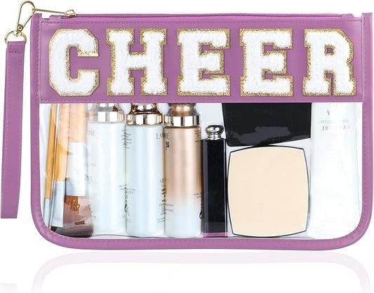 BuyCard Cheer Chenille Letter Bags Clear Makeup Bag, Cheerleader Gifts Cosmetic Bag, Varsity Preppy Patch Flat Pouch Cheer Accessories, Waterproof PVC Organizer Toiletry Bag for Women Girls Purple