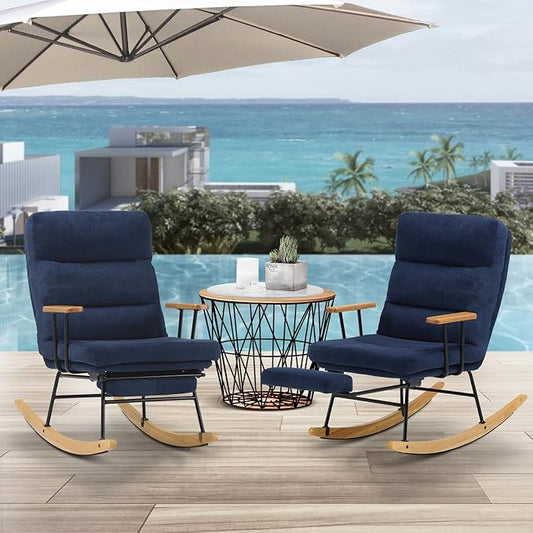 Rocking Chair with Footrest-Glider Rocker Chair with Retractable Footrest and Adjustable Backrest, Teddy Upholstered Rocking Chair Set of 2, Accent Chair for Living Room/Nursery/Bedroom/Outdoor-Blue