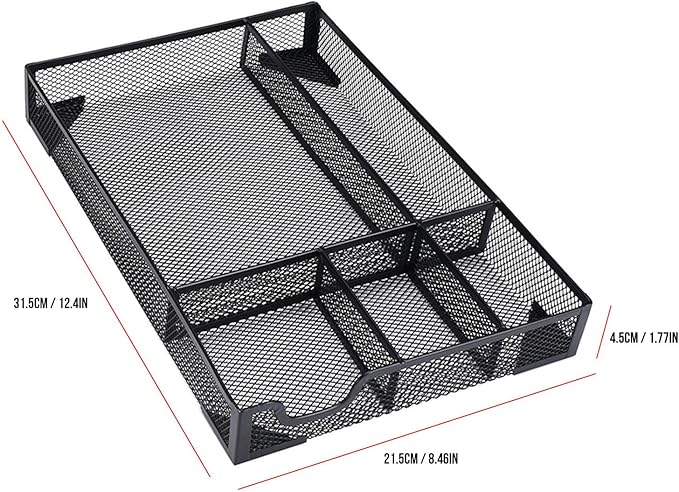 Pssopp Desk Drawer Organizer Tray, 5 Dividers Ventilated Mesh Space Saving Stationery Pen Pencil Organizers with anti Slip Pads for Office Supplies Makeup Vanity Desktop (Black)