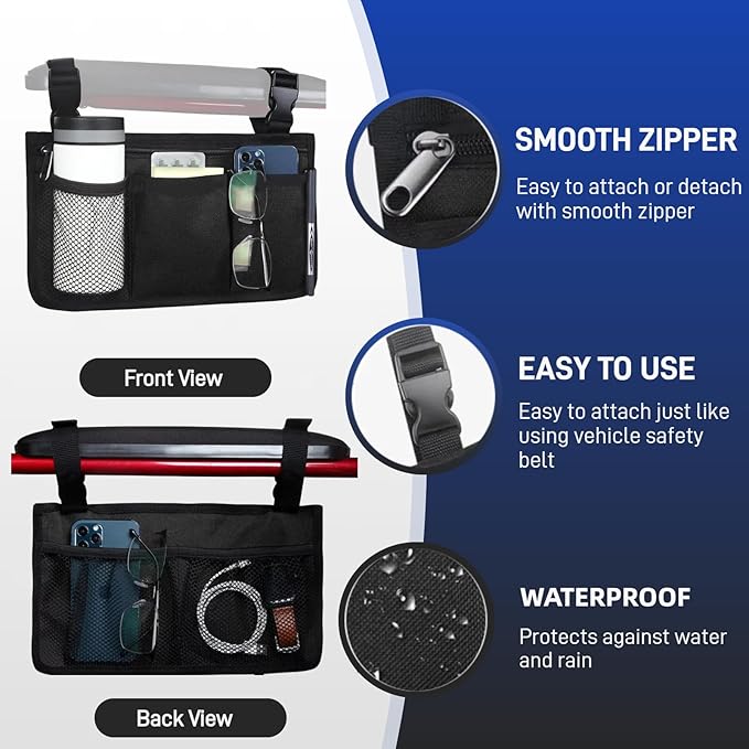 WEEOATAR Wheelchair Side Bags Storage Pouch with Cup Holder, Water-Resistant, Easy to Use with Release Buckle, Side Pocket with Reflective Stripe for Wheelchairs, Walkers or Rollator (Black)