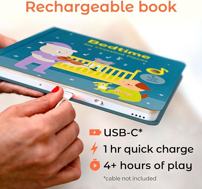 Cali's Books Bedtime Musical Book for Babies and Toddlers 1-3 – USB-C Rechargeable – 6 Classical and Relaxing Pieces | Sound Book for Sleep & Relaxation