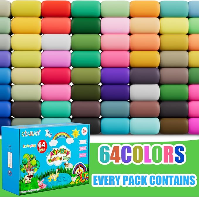 CiaraQ Air Dry Clay - 64 Colors DIY Modeling Clay Kit with Sculpting Tools, Soft & Ultra Light, Easy to use, Ideal for Sculpture, Crafting, DIY Projects (Assorted Colors)