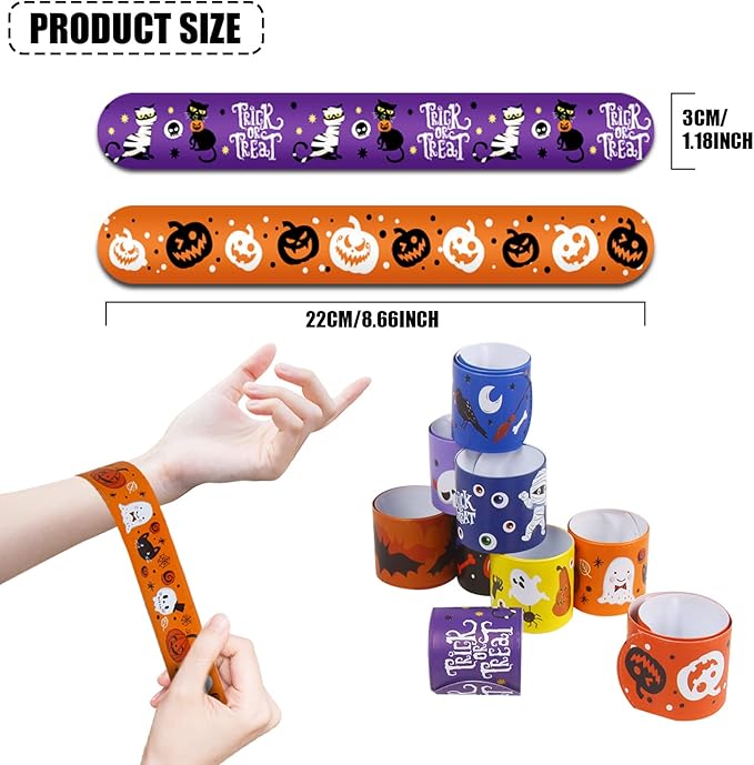 CCINEE 48pcs Halloween Slap Bracelets,Kids Snap Bracelet Wristbands with Assorted Bulk Pumpkin Zombie Skull Ghost Witches for Trick or Treat Gift Bag Filler Party Favors Toy Supplies
