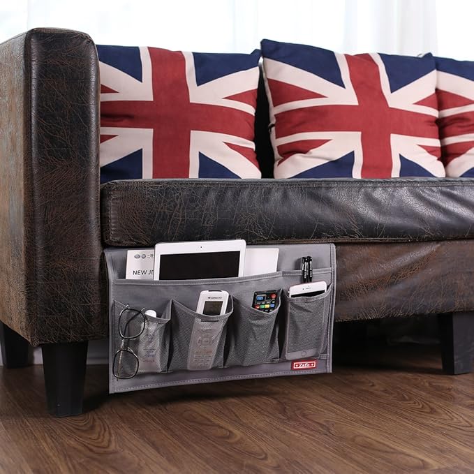 Bedside Storage Organizer - 6 Pockets, Table Cabinet Caddy for Remotes, Phone, Glasses (Grey)