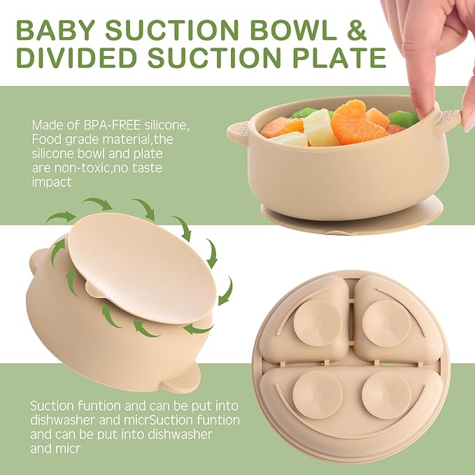 Dandat 24 Pcs Silicone Baby Feeding Set,6 Baby Toddler Suction Bowls 6 Divided Suction Plates with 6 Forks 6 Spoons, Utensils Set for Weaning Infant Feeding and Eating, 6 Styles(Dark Color)