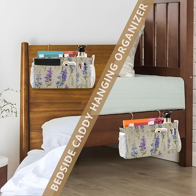 Bluebonnet Lavender Bedside Caddy for Dorm Bed Bedside Hanging Caddy Bag Iron Frame Storage Organizer Pocket for Bunk Home College Hospital Beds 2 Hooks