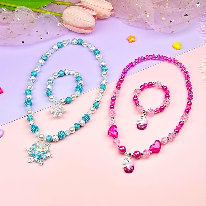 4 Sets Baby Girl Unicorn Necklace Bracelet Set Dress up Princess Pretend Play Necklace Bracelet Jewelry Gift for Toddlers Kids Jewelly Set in Gift Box
