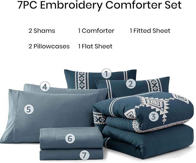 MaiRêve Embroidery King Size Comforter Set Navy Blue, Boho Farmhouse Western Bedding Set 7 Pieces, All Season Bed in A Bag Comforter Set with Sheets, Pillowcases & Shams