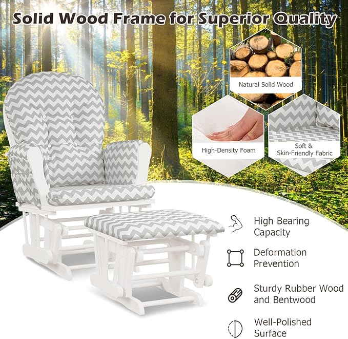 Costzon Nursery Glider with Ottoman, Upholstered Comfort Glider Rocker with Padded Cushion, Storage Pocket, Solid Wood Base, Rocking Chair Nursery for Breastfeeding, Maternity, Napping (Gray & White)