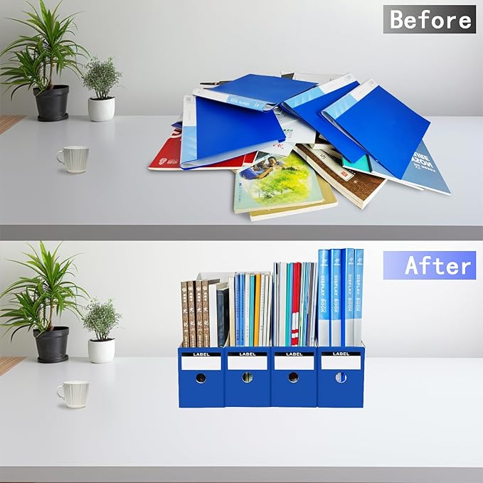 Limitliho 2 Pack Cardboard Magazine File Holder for Desktop ，Blue Book Bins for Classroom Library, Office or Home, Vertical Paper Boxes for Storage with Label(10.6" H x 10.2" L x 3.5" W in)