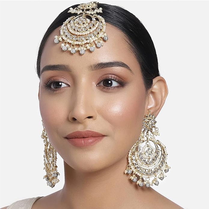 Aheli Bollywood Ethnic Chandbali Style Big Earrings Maang Tikka Set Traditional Fashion Jewelry Gift for Women