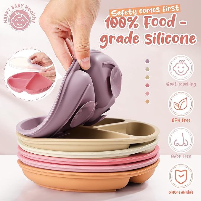 Meanplan 6 Pack Suction Plates for Toddlers with Lids Silicone Baby Plates set Food Grade Silicone Divided Design BPA Free Microwave and Dishwasher Safe Assorted Colors(Cute Colors)