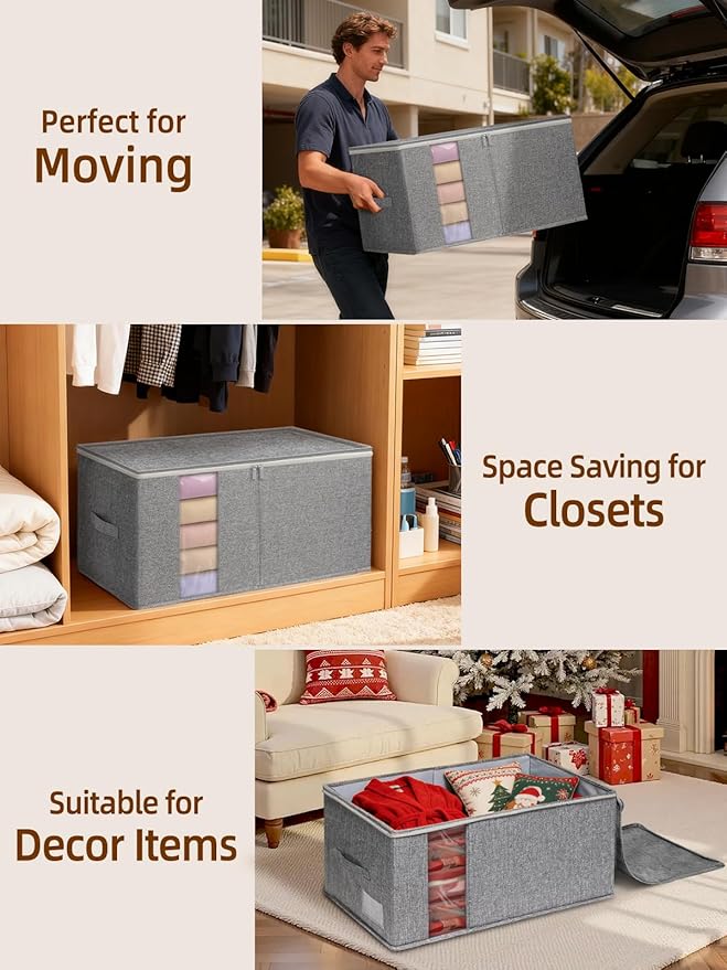 90L King Size Comforter Storage Bag w/Rigid Panels, Large Blanket Organizer for Closet, Stackable & Foldable Container w/Clear Window & Smooth Zippers for Bedding Sets/Clothes, 2 Pack, Gray