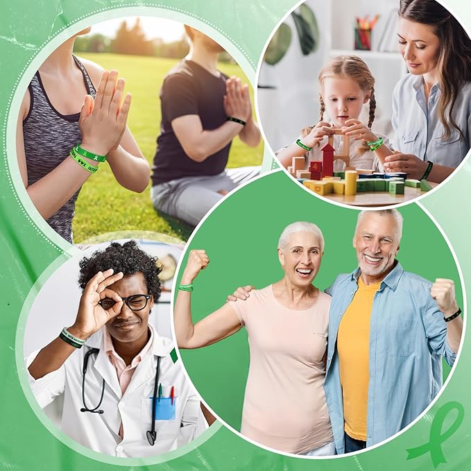 JUNEBRUSHS 42pcs Mental Health Awareness Silicone Wristband Bulk Green Ribbon Inspirational Rubber Bracelets for Mental Health Awareness Faith Courage Hope Party Favor Gift Supplies(7 Style)