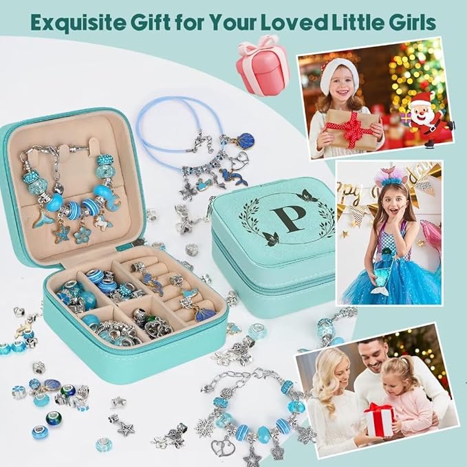 Charm Bracelet Making Kit, Kid Jewelry Making Kit for Girls 8-12, Unicorn Craft Kits for Teen Girls Toys Ages 3-10 Years Old Girl Gifts Trendy Stuff Birthday Christmas Gift with Initial Jewelry Box- P
