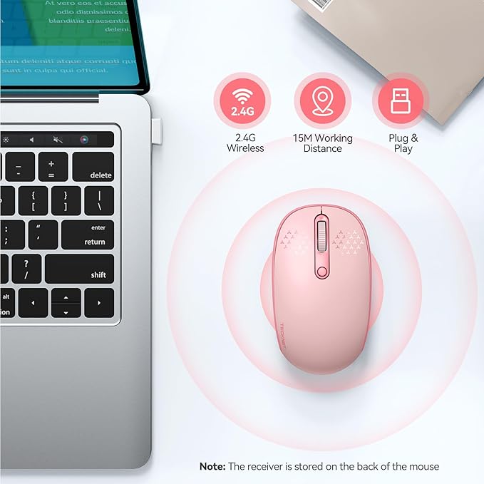 TECKNET Wireless Mouse, 2.4G Quiet Computer Mouse with USB Receiver, 4 Buttons Portable Cordless Mice for Chromebook, Laptop, PC, Mac, 800/1200/1600 DPI - Pink