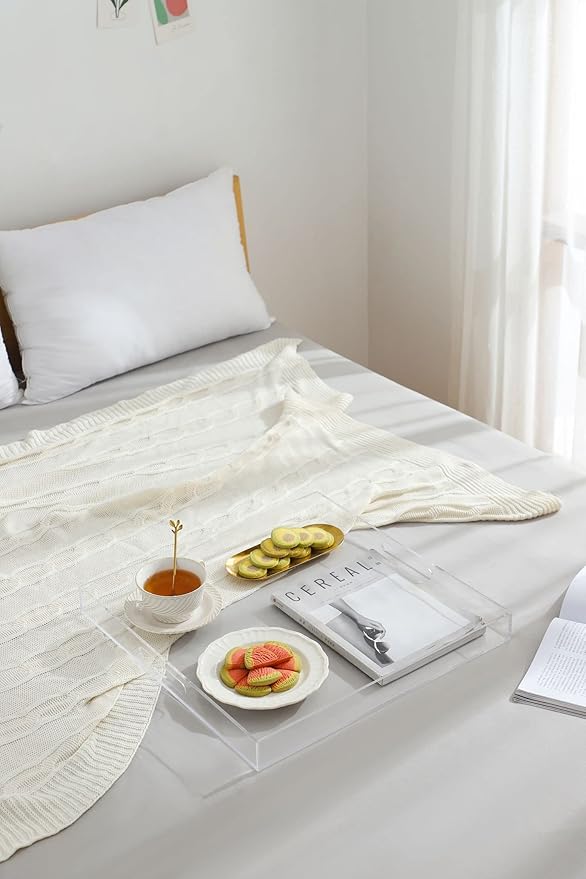 BEYLANG Clear Sturdy Acrylic Serving Tray with Handles-24x24Inch-Serving Coffee,Appetizer,Breakfast,Butler-Kitchen Countertop Tray-Makeup Drawer Organizer-Vanity Table,Ottoman Tray-Decorative Tray