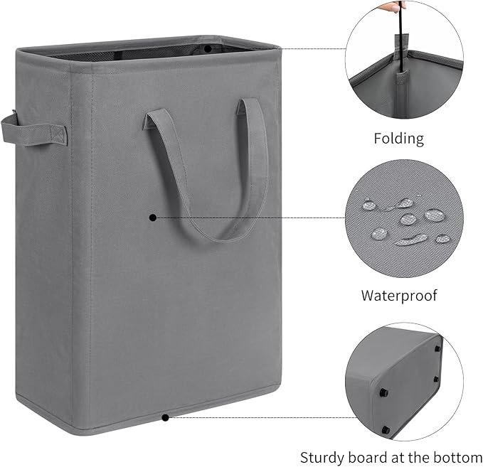 ZERO JET LAG Slim Laundry Hamper With Handles Collapsible Laundry Basket Thin Dirty Clothes Basket Narrow Laundry Bag Foldable Dirty Cloth Hamper 45L (23 inches,Grey)