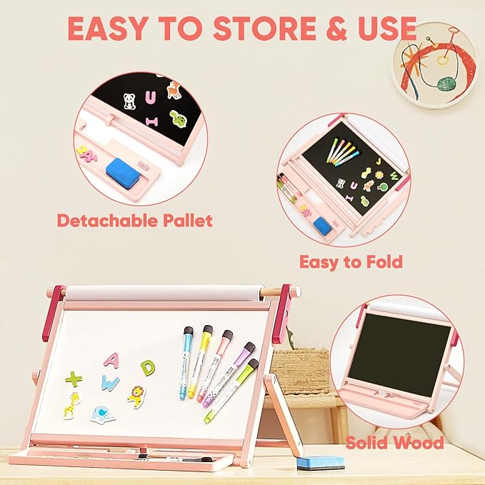 FUNLIO Anti-Warping Tabletop Easel for Kids Ages 3+ (100+ Pcs), Kids Easel with Whiteboard, Chalkboard & Paper Roll, Wooden Double-Sided Magnetic Table Easel with 3 Adjustable Angles, Foldable - Pink