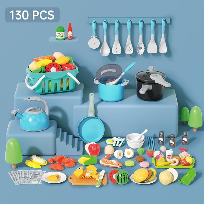 130Pcs Kitchen Playset, Toddler Pretend Cooking Play Pots, Pans, Utensils Cookware, Daily Food Fruit Veges, Shopping Storage Basket, Dessert, Prop Money, Learning Gift for Child (Turquoise)