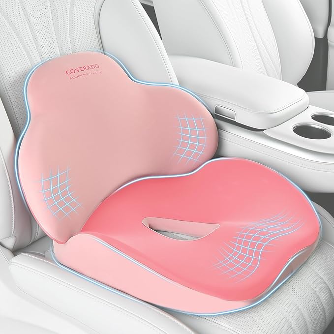 Coverado Car Seat Cushion and Lumbar Support Pillow, Memory Foam Ergonomic Back Support Driving Seat Cushion for Sciatica, Tailbone, Back Pain, Non-Slip Washable Cushion for Car, Driver, Office