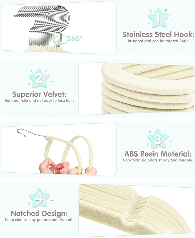 Baby Hangers, VIS'V 11 Inch Beige Velvet Kids Hangers with 6 Pcs Size Dividers Non Slip Nursery Children Closet Clothes Hangers for Infant Toddler Girls and Boys 30 Pcs