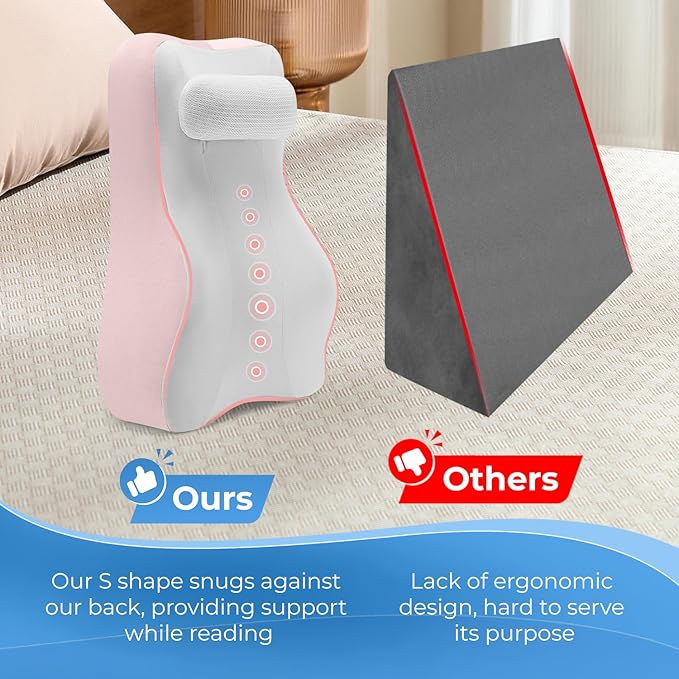 Ergonomic S Curve Reading Pillow for Sitting in Bed Adult- Back Pillow for Bed Sitting up with Adjustable Headrest- Memory Foam, Pink