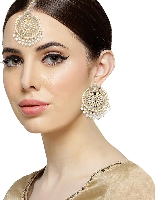 Aheli Ethnic Faux Kundan Drop Pearl Beads Dangle Earrings Maang Tikka Set Bollyood Fashion Jewelry for Women & Girls