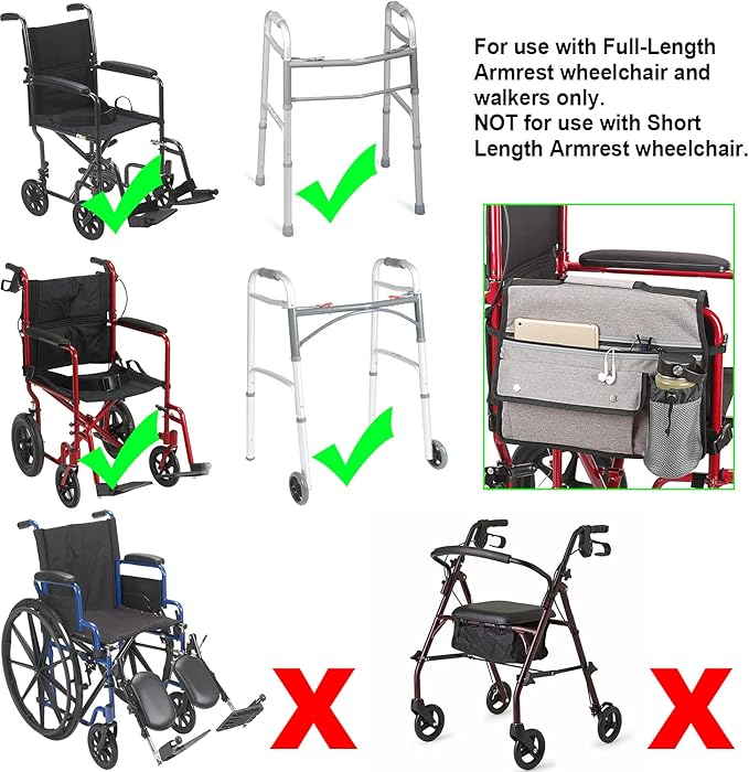Wheelchair Storage Bag, Double-Sided Armrest Pouch with Cup Holder and Reflective Strip, for Wheelchairs and Walkers (Gray)