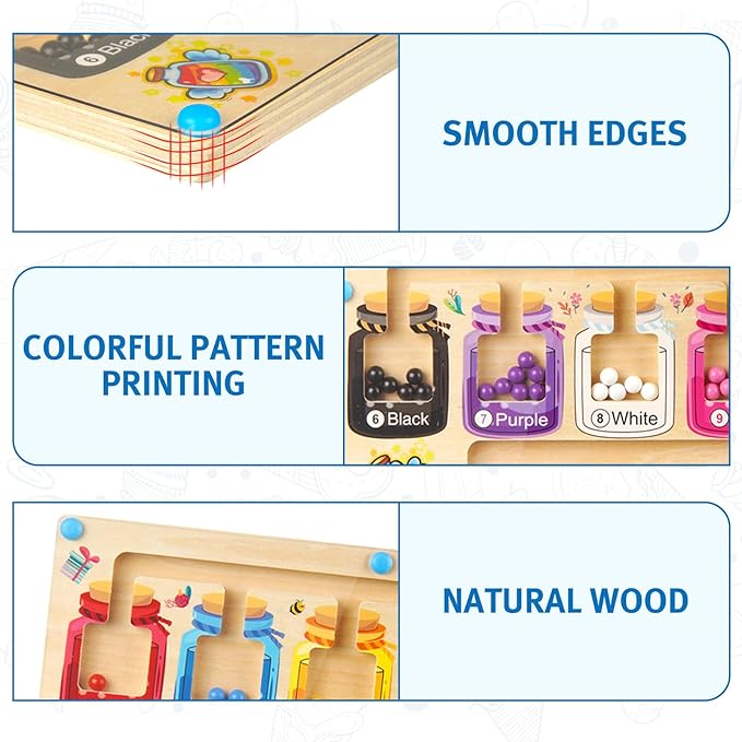 Magnetic Color and Number Maze, Wooden Color Matching Learning Counting Magnet Puzzle Board Montessori Toys, Toddler Educational Fine Motor Skills Learning Toys for Boys Girls 3+ Years Old