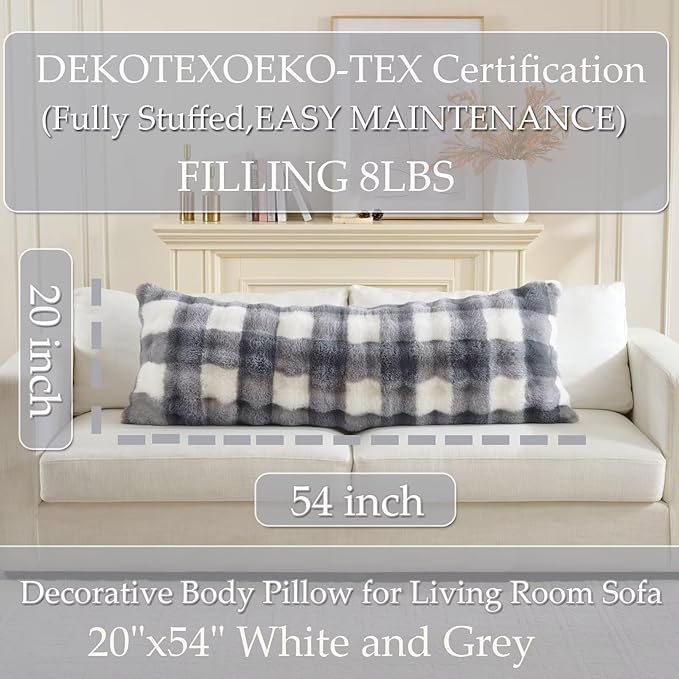Luxury Shaggy Faux Fur Body Pillow,Fluffy Bed Pillow with Zipper Closure,Soft Decorative Plush Full Long Pillows,Fuzzy Hug Pillow for Living Room Side Sleeper & Pregnancy 20"x54" White and Grey