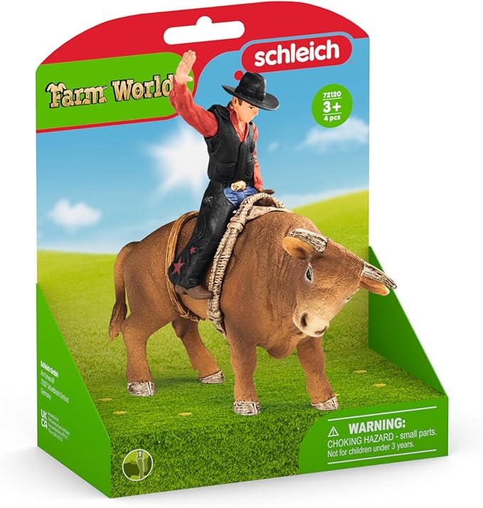 Schleich Farm World Cowboy Bull Riding 4-Piece Cowboy Toy Set for Rodeo Fans & Kids Ages 3+