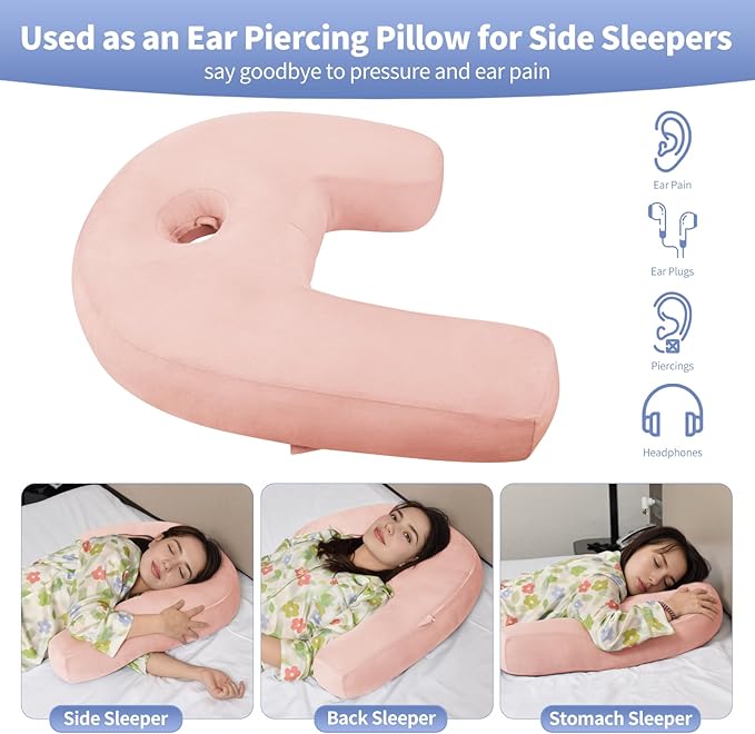 Body Pillow for Side Sleepers with Ear Hole, J & U-Shaped Neck Pillow for Ear Piercing, Relieves Neck, Shoulder & Back Pain, 20x26 Inches with Pillowcase (Pink)