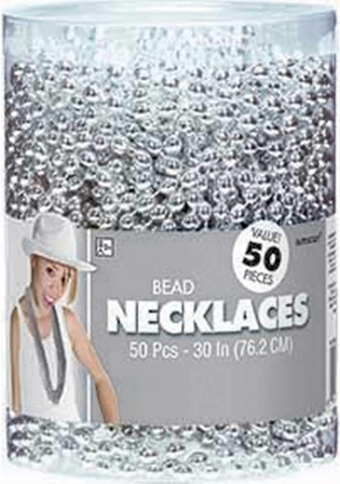 Amscan Metallic Oval Bead Party Necklaces, 50 Ct, 30", Silver