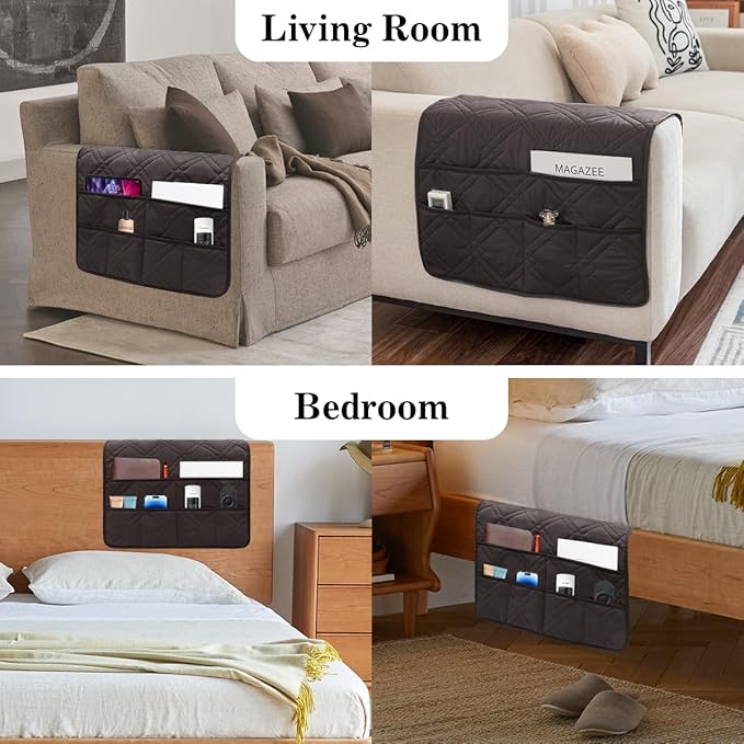 Couch Armrest Organizer Remote Control Holder Bedside Caddy with 6 Pockets, Non-Slip Armchair Caddy Sofa Armrest Organizer for Tv Remote Control, Magazine, Cell Phone, Chocolate