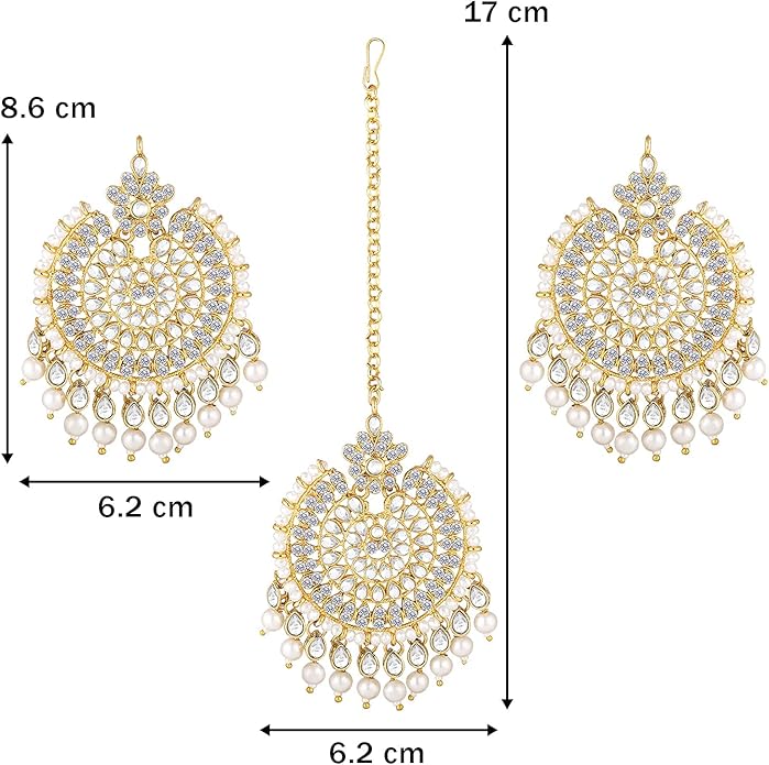 Aheli Ethnic Faux Kundan Drop Pearl Beads Dangle Earrings Maang Tikka Set Bollyood Fashion Jewelry for Women & Girls