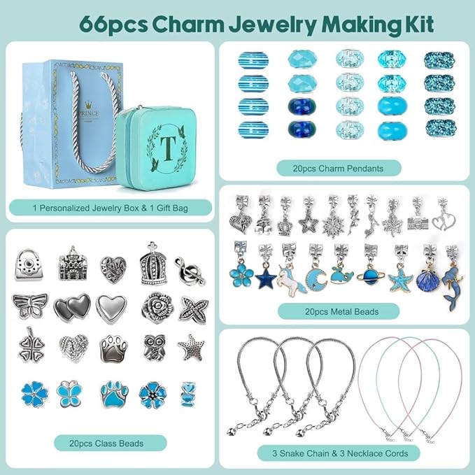 Charm Bracelet Making Kit, Kid Jewelry Making Kit for Girls 8-12, Unicorn Craft Kits for Teen Girls Toys Ages 3-10 Years Old Girl Gifts Trendy Stuff Birthday Christmas Gift with Initial Jewelry Box- T