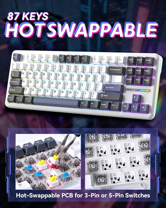 Aula F87 Pro Gaming Keyboard, Tri-Mode BT5.0/2.4GHz/USB-C Hot-Swappable RGB Wireless Mechanical Keyboard, Gasket Mount, 4000mAh, for Windows/Mac Gamer & Typists（LEOBOG Gray Wood Switch V4）