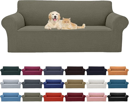 2025 New Stretch Oversized Sofa Slipcovers Couch Sofa Cover for 4 Seater Furniture Protector Covers with Elastic Bottom Jacquard Fabric Small Checks for Pets, Kids - Khaki