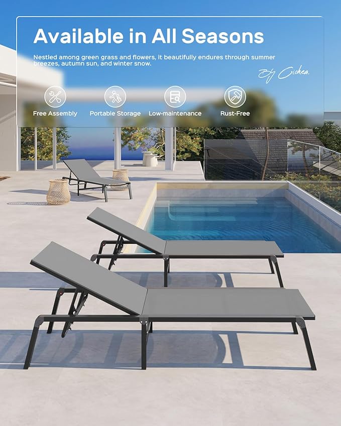 Aluminum Chaise Lounge Ourdoor - Foldable & Assemble Free Outdoor Lounge Chair with 5 Adjustable Backrest, Patio Lounge Chair for Outside Poolside Beach Pool, Grey